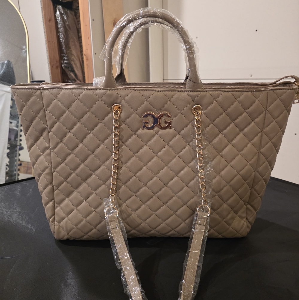 Chic Beige Quilted Tote Bag with Gold Chain